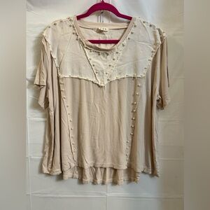 Cream ribbed tee with pearl detail